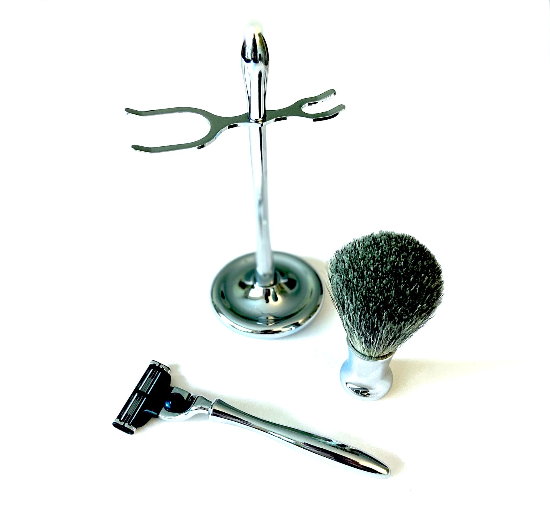 Metallic Reusable Razor with Shaving Brush - Attaches with Gillette line of Products
